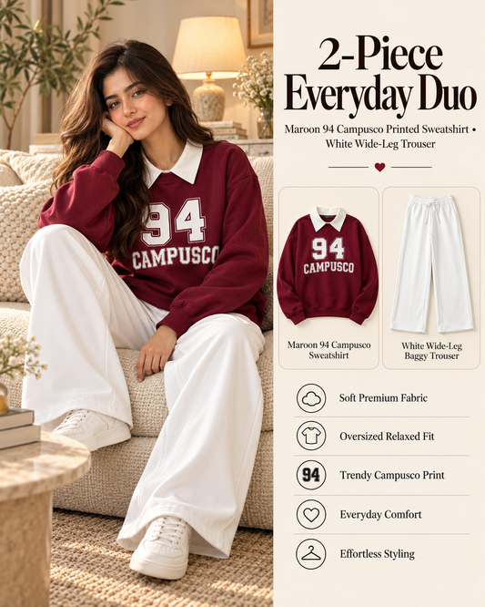 Vintage Collegiate Chic – Maroon Oversized Collared Sweatshirt & White Wide-Leg Trouser Co-Ord