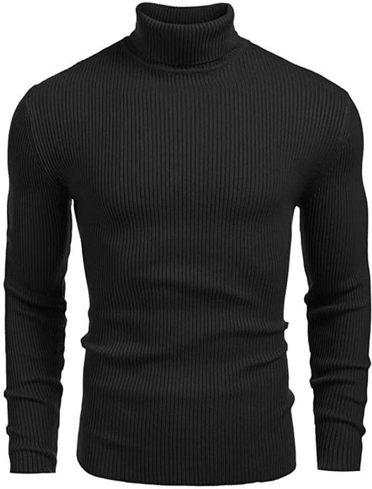 Classic Ribbed Knit Highneck Winter Shirt - Black