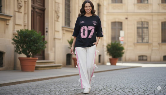 Black 07 Graphic Oversized Tee with White Side Ribbon Wide-Leg Trousers