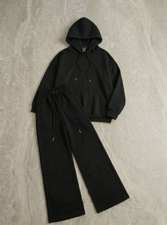 Cozy Ultra-Soft Fleece Hoodie & Black Wide-Leg Baggy Trouser Co-Ord Set