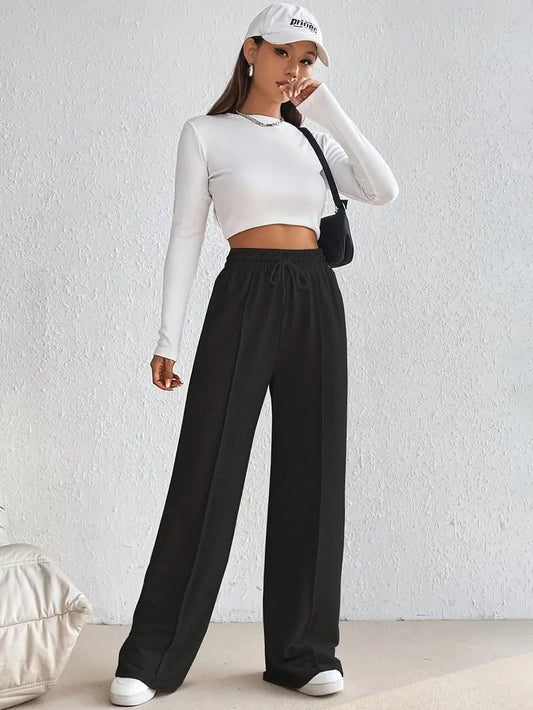 Women's Black Piping Wide-Leg Jogger Trouser