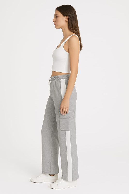 Women's Grey Wide Leg Cargo Jogger Trouser with Side Stripes