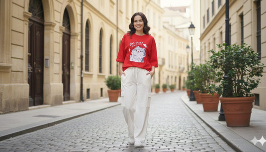 Bold Red Graphic Oversized Tee with White Wide-Leg Cargo Trousers