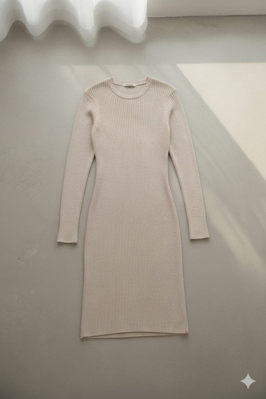 Classic Ribbed Knit Long-Sleeve Bodycon Dress