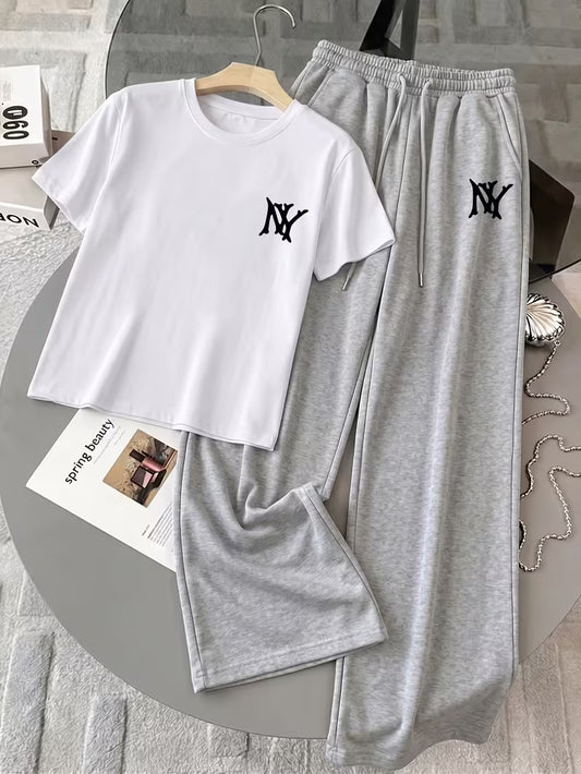 White "NY" Graphic Printed Oversized Tee & Grey Wide-Leg Trouser Co-ord Set