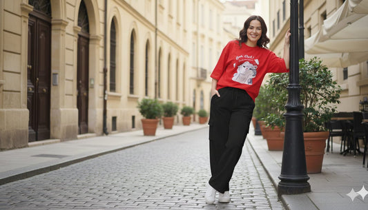 Bold Red Graphic Oversized Tee with Black Wide-Leg Cargo Trouser