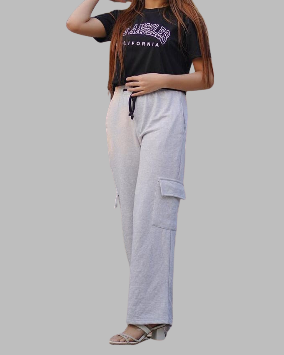 Black Customized Printed Crop Top With Grey Wide Leg Cargo Trouser