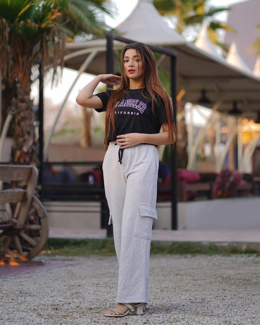 Black Customized Printed Crop Top With Grey Wide Leg Cargo Trouser