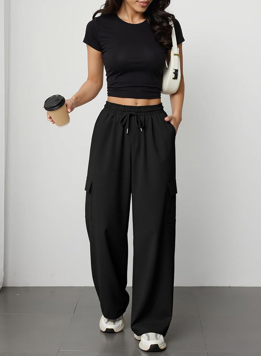 Pack of 3 Women's Stylish Wide Leg Cargo Trousers – Black, Lilac & Grey