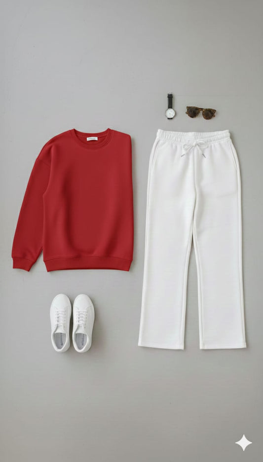 Cozy Red Sweatshirt & White Wide-Leg Sweat Trouser Set