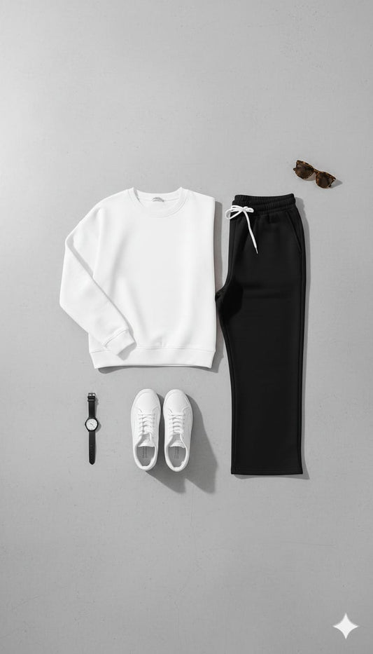 Cozy White Sweatshirt & Black Wide-Leg Sweat Trouser Set