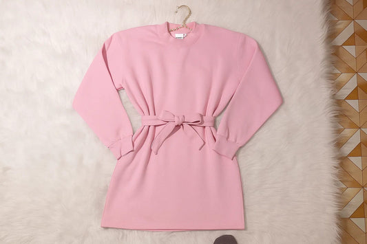 Chic Baby Pink Longline Belted Sweatshirt With Side Pockets