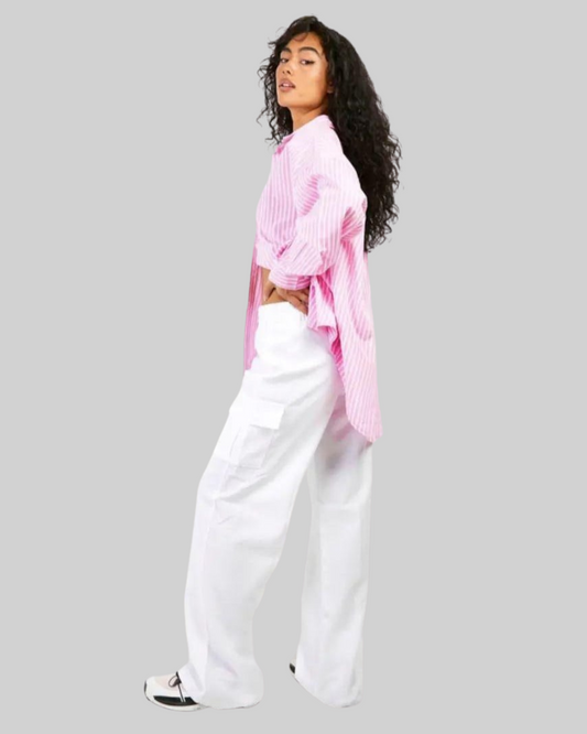 White Flap Pockets Wide Leg Cargo Trouser