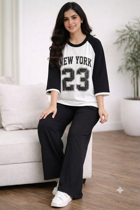 Black Raglan New York 23 Oversized & Wide-Leg Trouser Co-Ord Set – Black & White