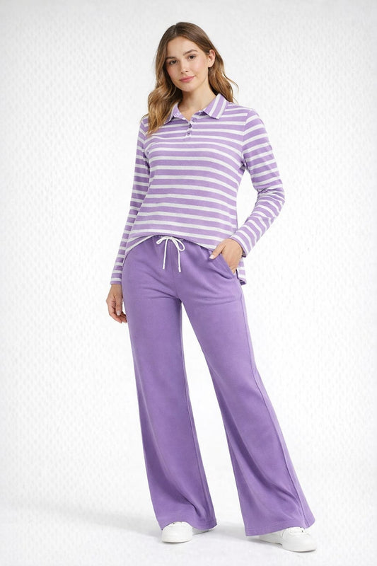 Lilac Stripe Polo Full Sleeves Top & Lilac Flared Trouser Co-Ord Lounge Set