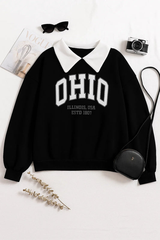 Oversized Black Sweatshirt with Classic Collar & Ohio Print