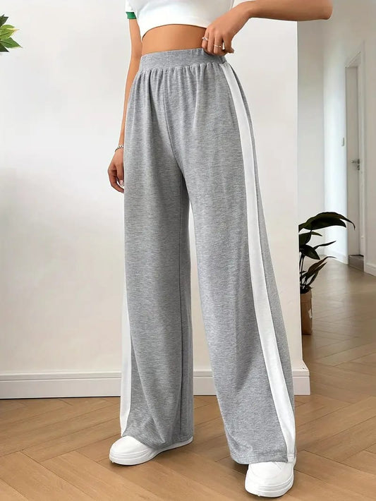 Grey Wide-Leg Track Pants with White Side Stripes