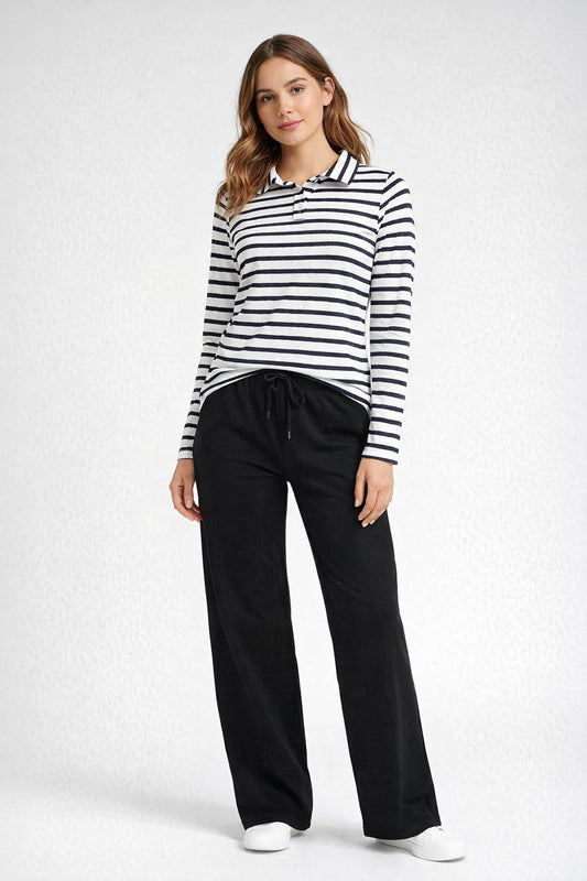 White & Black Stripe Polo Full Sleeves Top & Black Flared Trouser Co-Ord Lounge Set