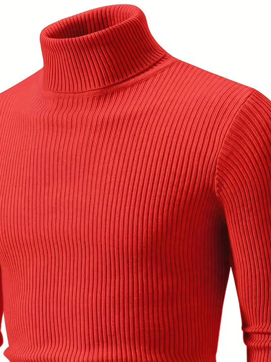 Classic Ribbed Knit Highneck Winter Shirt - RED