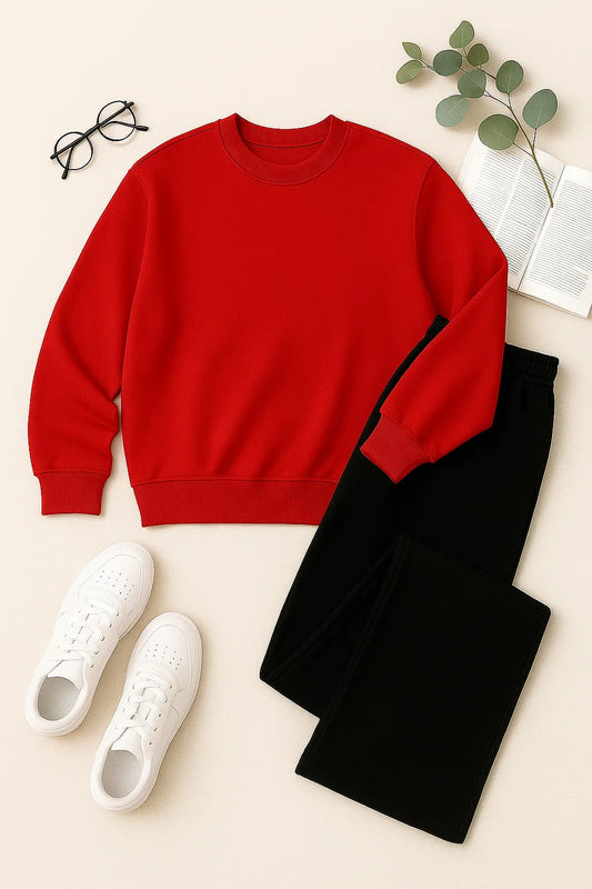 Cozy Red Sweatshirt & Black Wide-Leg Sweat Trouser Set