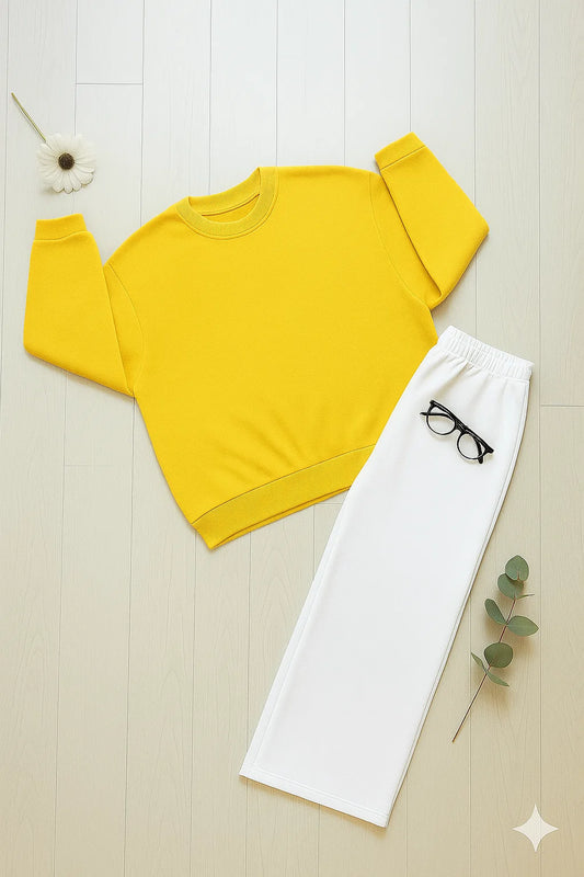 Cozy Yellow Sweatshirt & White Wide-Leg Sweat Trouser Set
