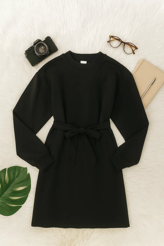 Chic Cozy Black Longline Belted Sweatshirt with Side Pockets