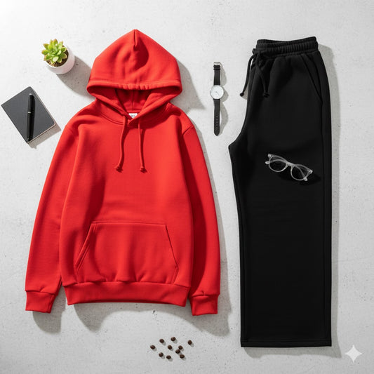 Cozy Red Hoodie & Classic Black Wide-Leg Trouser Set