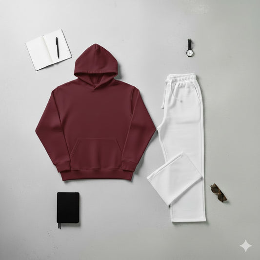 Cozy Maroon Hoodie & Classic White Wide-Leg Trouser Set