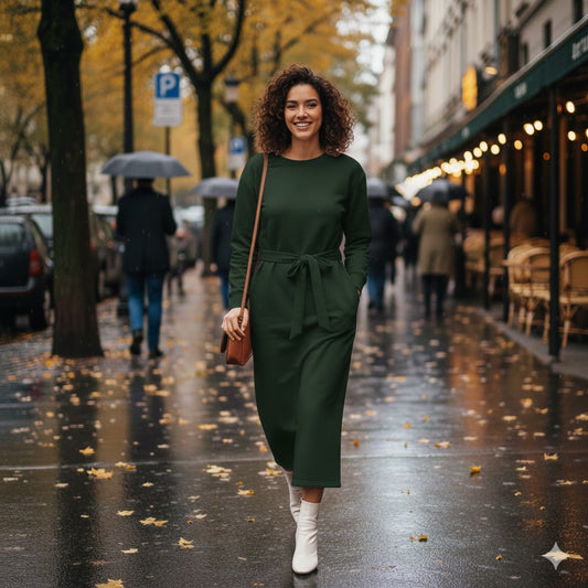 Chic Dark Green Longline Belted Sweatshirt With Side Pockets