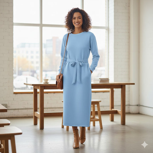 Chic Sky Blue Longline Belted Sweatshirt With Side Pockets