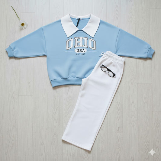 Sky Blue “OHIO USA” Fleece Collar Sweatshirt & White Wide Leg Trouser Co-ord Set