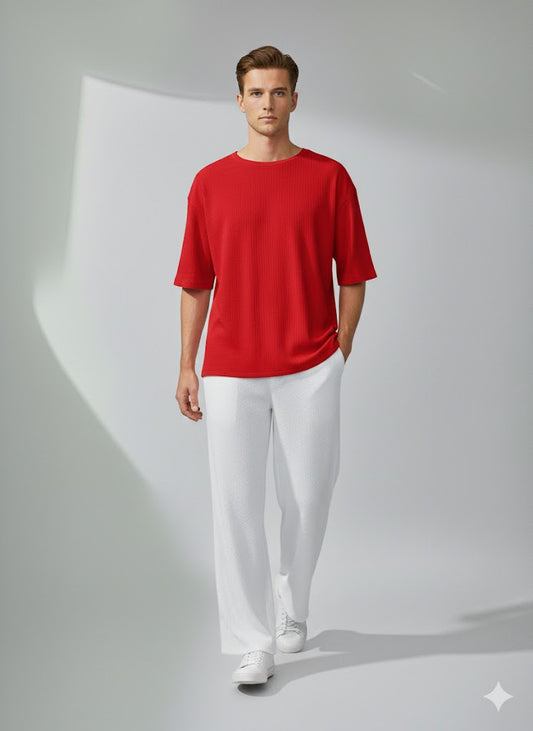 Chill Mode – Relaxed Oversized Tee & Trouser Set - RED/WHITE