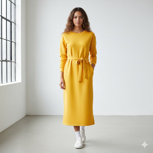 Chic YELLOW Longline Belted Sweatshirt With Side Pockets