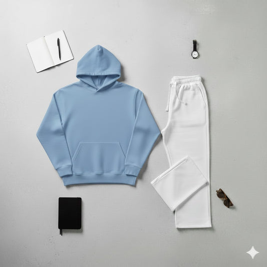 Cozy Sky Blue Hoodie & Classic White Wide-Leg Trouser Set