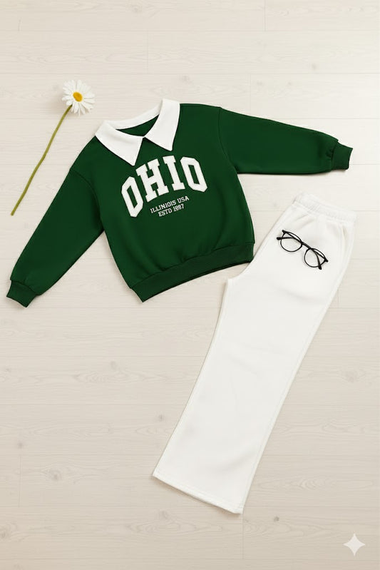 Green “OHIO USA” Fleece Collar Sweatshirt & White Wide Leg Trouser Co-ord Set