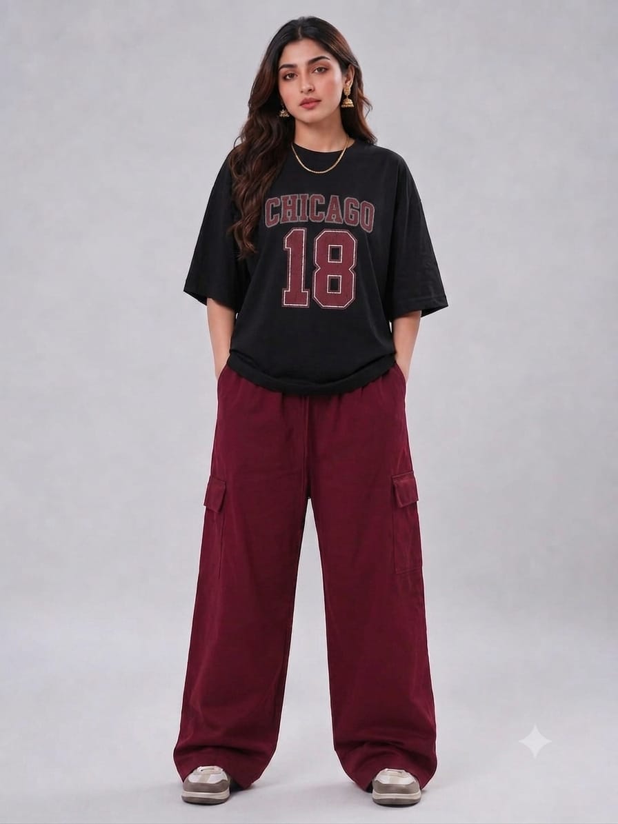 CHICAGO 18 PRINTED OVERSIZED T-SHIRT WITH MAROON WIDE LEG CARGO TROUSER  COORD SET