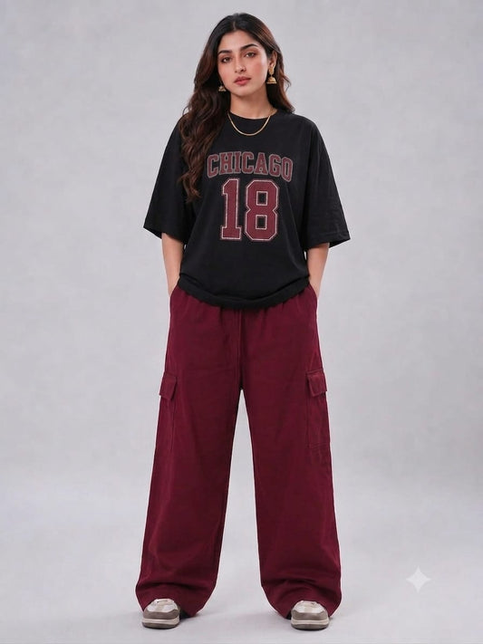CHICAGO 18 PRINTED OVERSIZED T-SHIRT WITH MAROON WIDE LEG CARGO TROUSER  COORD SET
