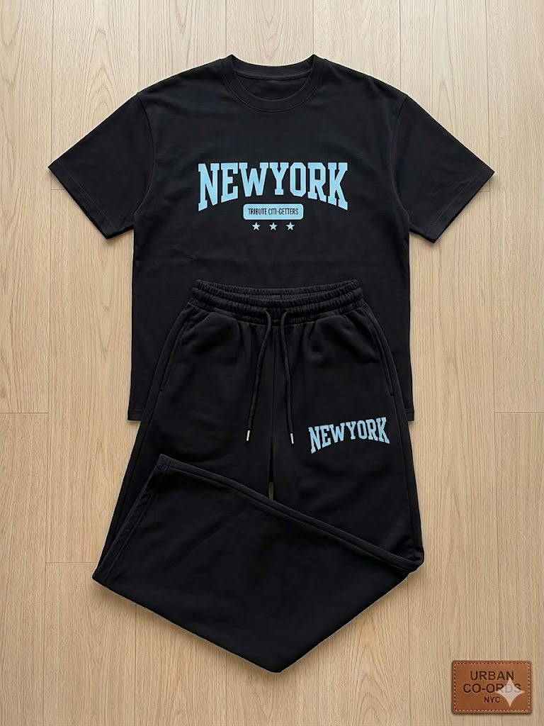 Black New York Varsity Graphic Oversized Tee & BLACK New York PRINTED Wide-Leg Baggy Trouser Co-Ord Set