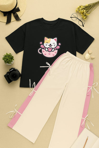 White Side Ribbon Wide Leg Trouser & Black Cat Print Oversized T-Shirt Co-ord Set