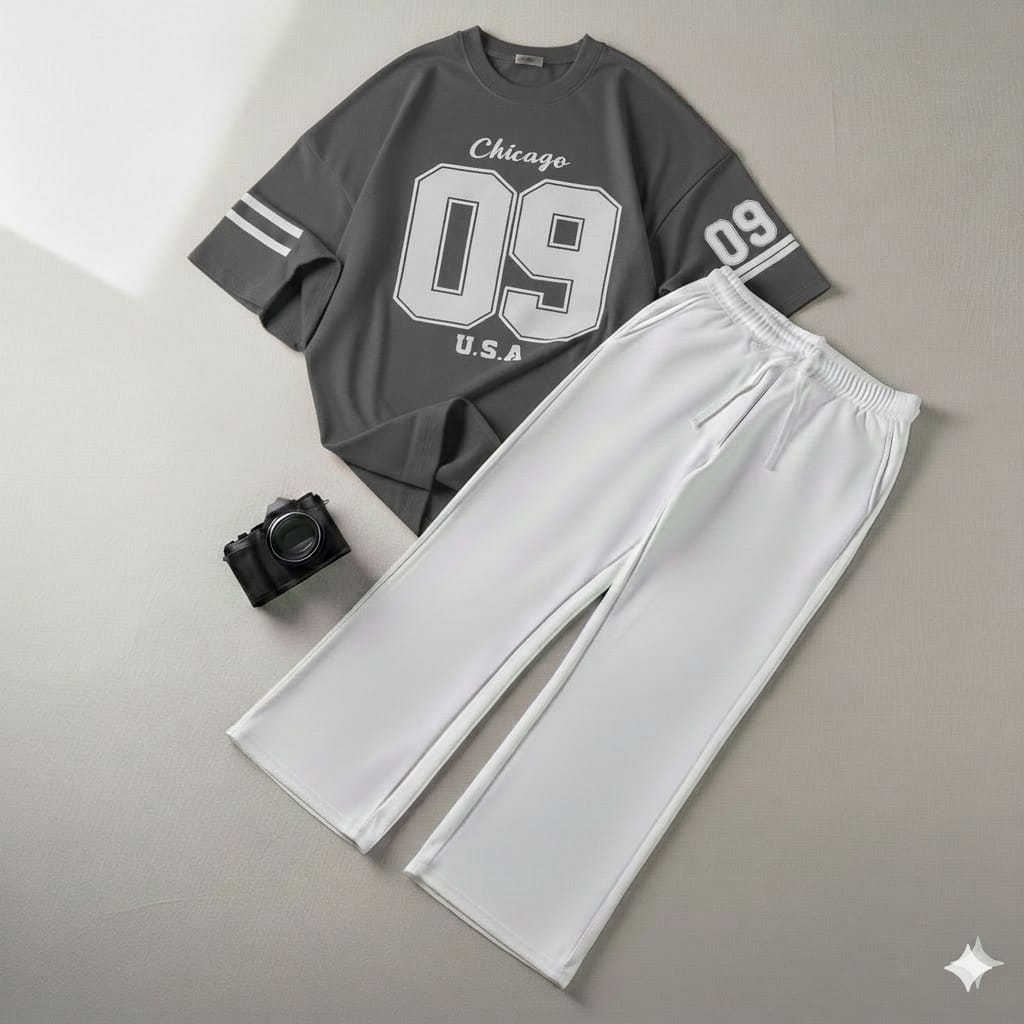 09 Printed Drop Shoulder Graphic Tee & White Wide-Leg Trouser Set