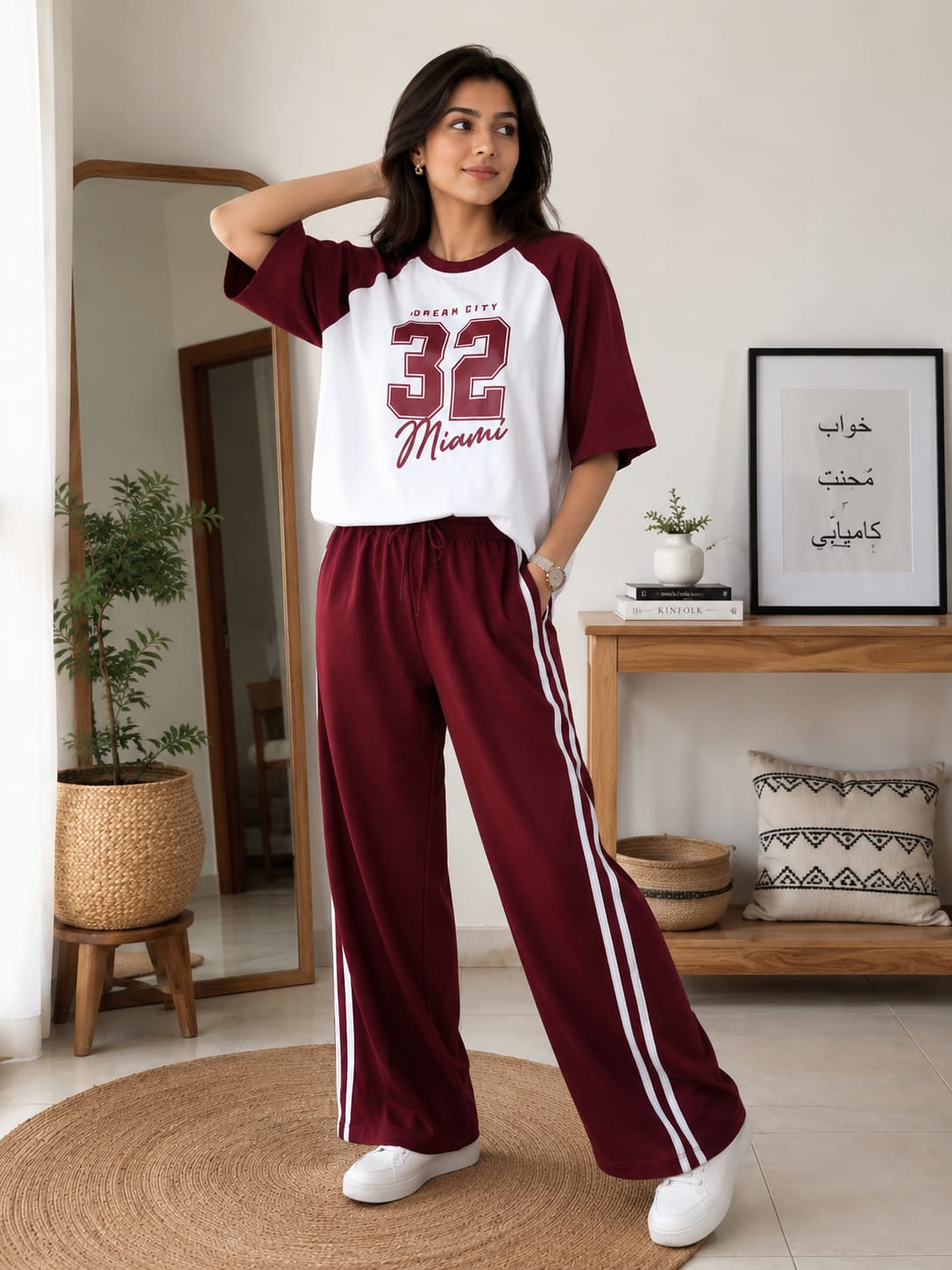 Maroon Raglan "32 Miami" Oversized Baggy Co-ord Set for Women | Drop Shoulder T-Shirt & Wide Leg Trouser