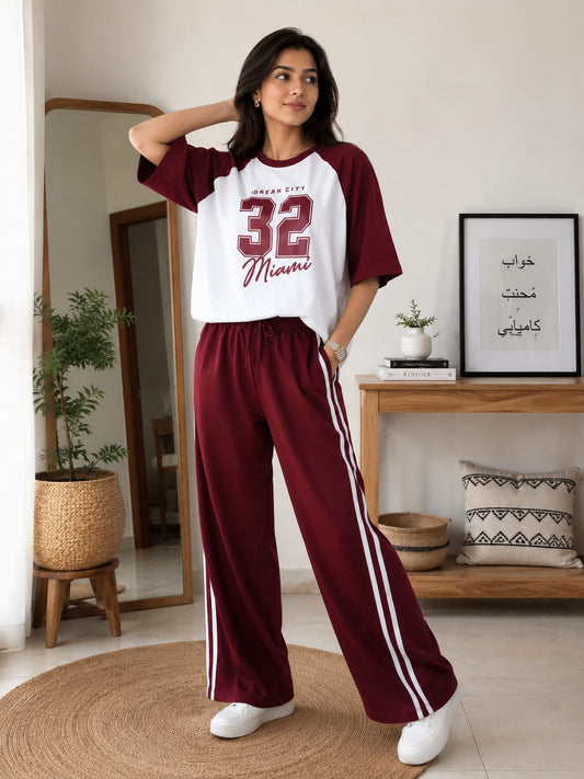 Maroon Raglan "32 Miami" Oversized Baggy Co-ord Set for Women | Drop Shoulder T-Shirt & Wide Leg Trouser