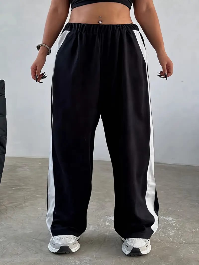 Black Baggy Wide-Leg Pants with White Side Stripes – Sporty Street Vibes