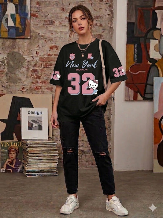 BLACK Women's Graphic 32 Drop Shoulder Oversized Tee – Retro Sports & Hello Kitty Edition