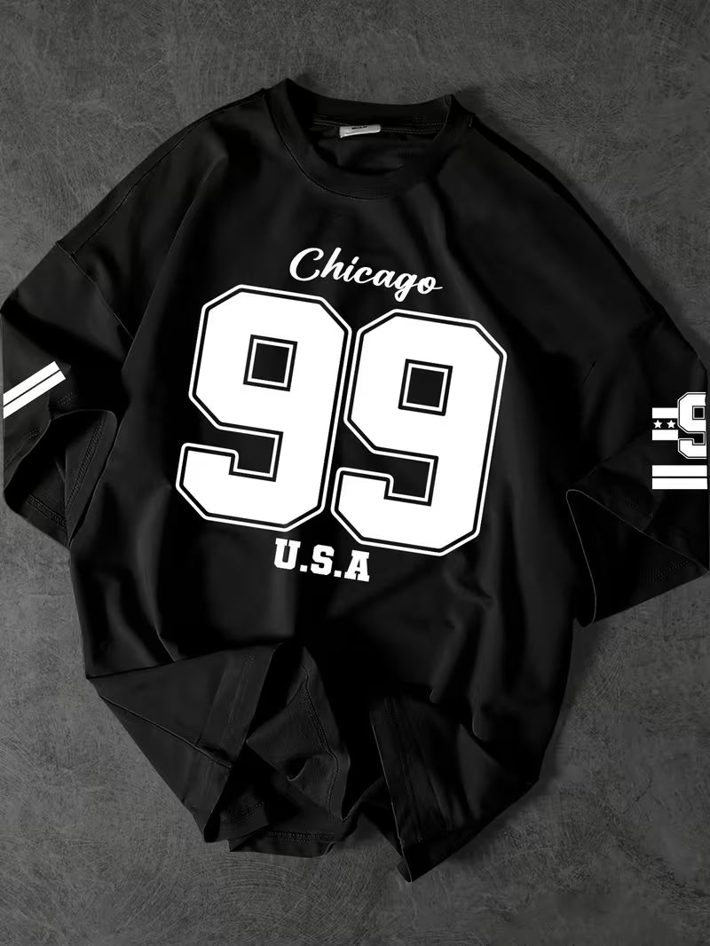Urban Pulse Black Oversized Graphic Tee – "Chicago 99" Streetwear Drop-Shoulder T-Shirt