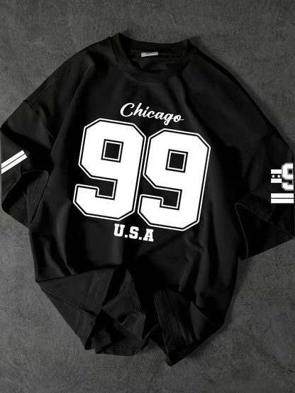 Urban Pulse Black Oversized Graphic Tee – "Chicago 99" Streetwear Drop-Shoulder T-Shirt