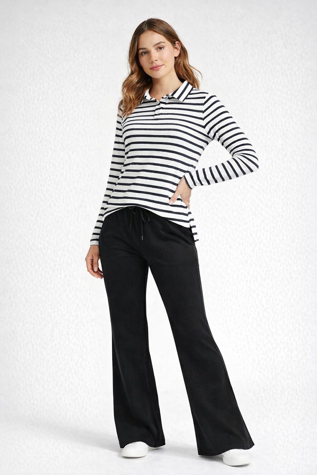 White & Black Stripe Polo Full Sleeves Top  & Black Flared Trouser Co-Ord Lounge Set