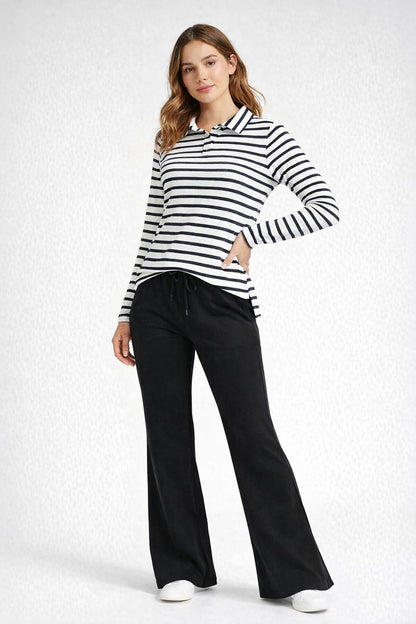 White & Black Stripe Polo Full Sleeves Top  & Black Flared Trouser Co-Ord Lounge Set