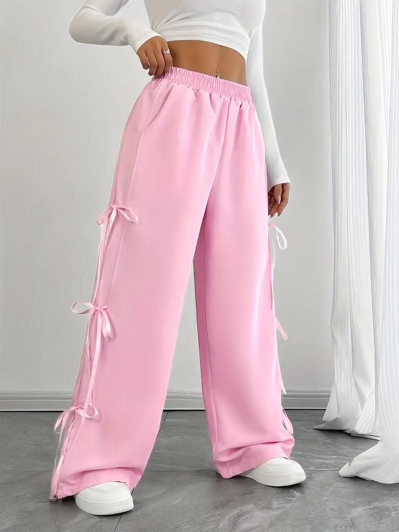 ELASTIC WAIST Wide Leg Pink Trouser with Side Bow