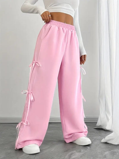 ELASTIC WAIST Wide Leg Pink Trouser with Side Bow